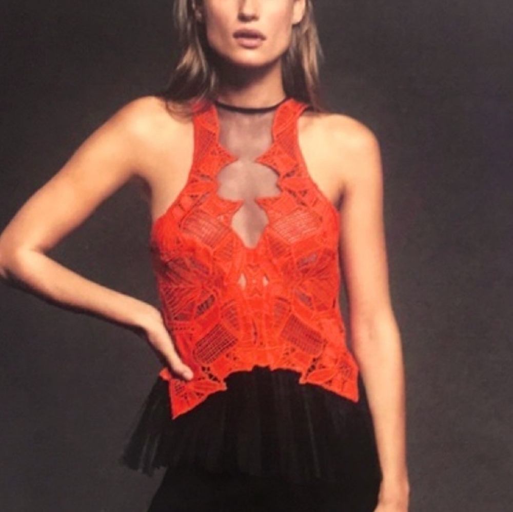 Johnathan Simkhai Giupe Red Lace Tulle Peplum Sleveless Top Sz 0